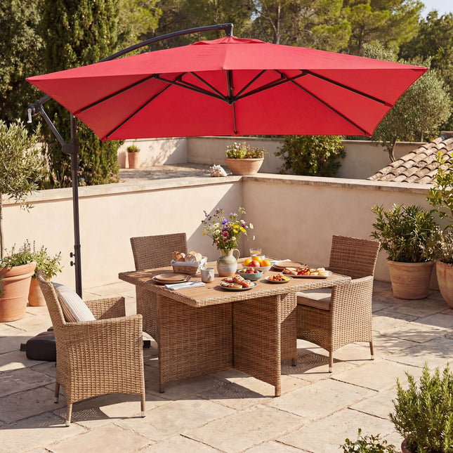 8 x 8 FT Offset Cantilever Patio Umbrella Square Hanging Outdoor Market Umbrella with 360° Rotation-Red