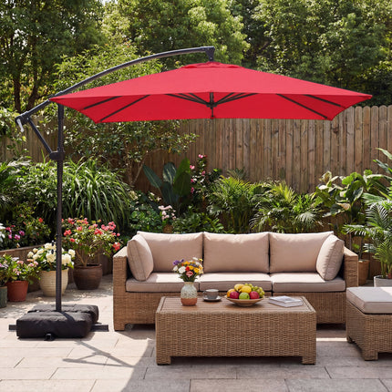 8 x 8 FT Offset Cantilever Patio Umbrella Square Hanging Outdoor Market Umbrella with 360° Rotation-Red