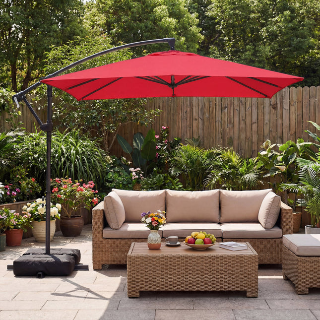 8 x 8 FT Offset Cantilever Patio Umbrella Square Hanging Outdoor Market Umbrella with 360° Rotation-Red