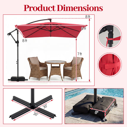 8 x 8 FT Offset Cantilever Patio Umbrella Square Hanging Outdoor Market Umbrella with 360° Rotation-Red