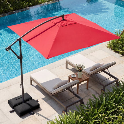 8 x 8 FT Offset Cantilever Patio Umbrella Square Hanging Outdoor Market Umbrella with 360° Rotation-Red