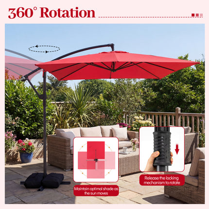 8 x 8 FT Offset Cantilever Patio Umbrella Square Hanging Outdoor Market Umbrella with 360° Rotation-Red