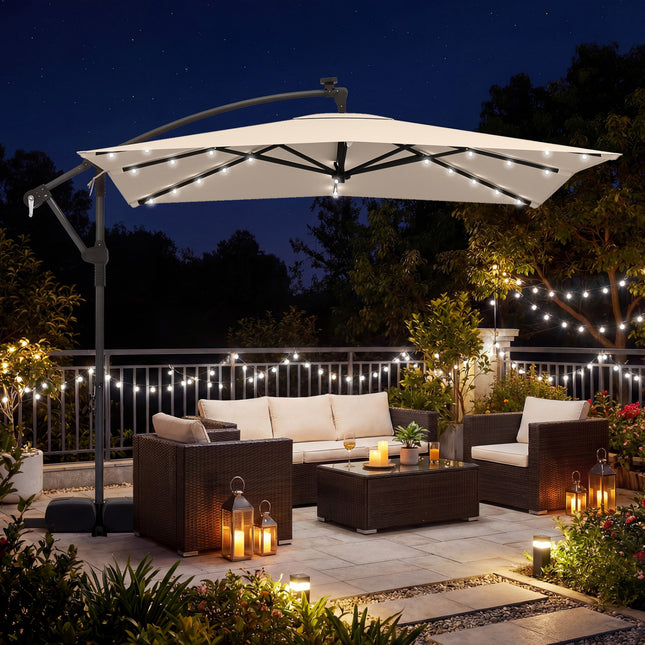 8 x 8 Square FT Solar LED Offset Cantilever Patio Umbrella with 360° Rotation-Beige