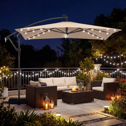 8 x 8 Square FT Solar LED Offset Cantilever Patio Umbrella with 360° Rotation-Rustic Brown