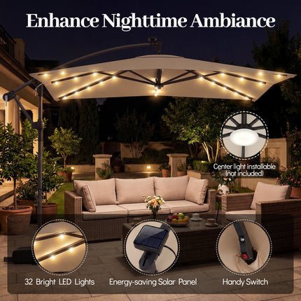8 x 8 Square FT Solar LED Offset Cantilever Patio Umbrella with 360° Rotation-Rustic Brown