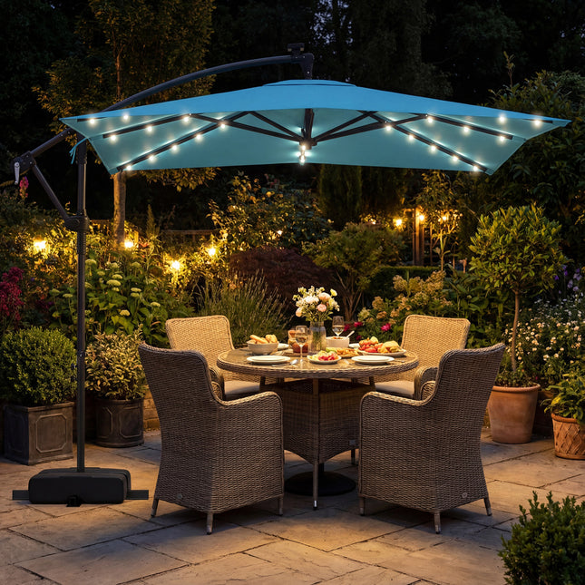 8 x 8 Square FT Solar LED Offset Cantilever Patio Umbrella with 360° Rotation-Turquoise