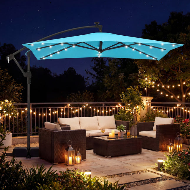8 x 8 Square FT Solar LED Offset Cantilever Patio Umbrella with 360° Rotation-Turquoise
