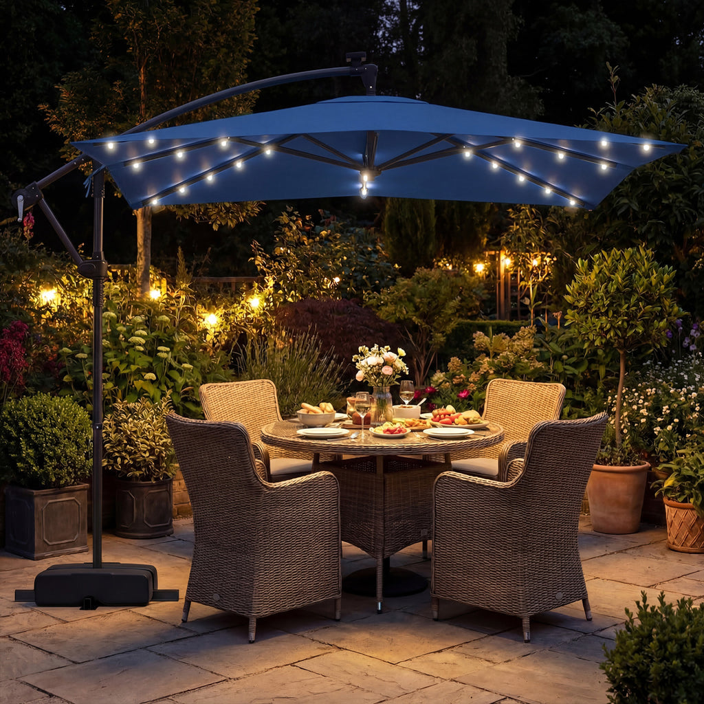 8 x 8 Square FT Solar LED Offset Cantilever Patio Umbrella with 360° Rotation-Navy