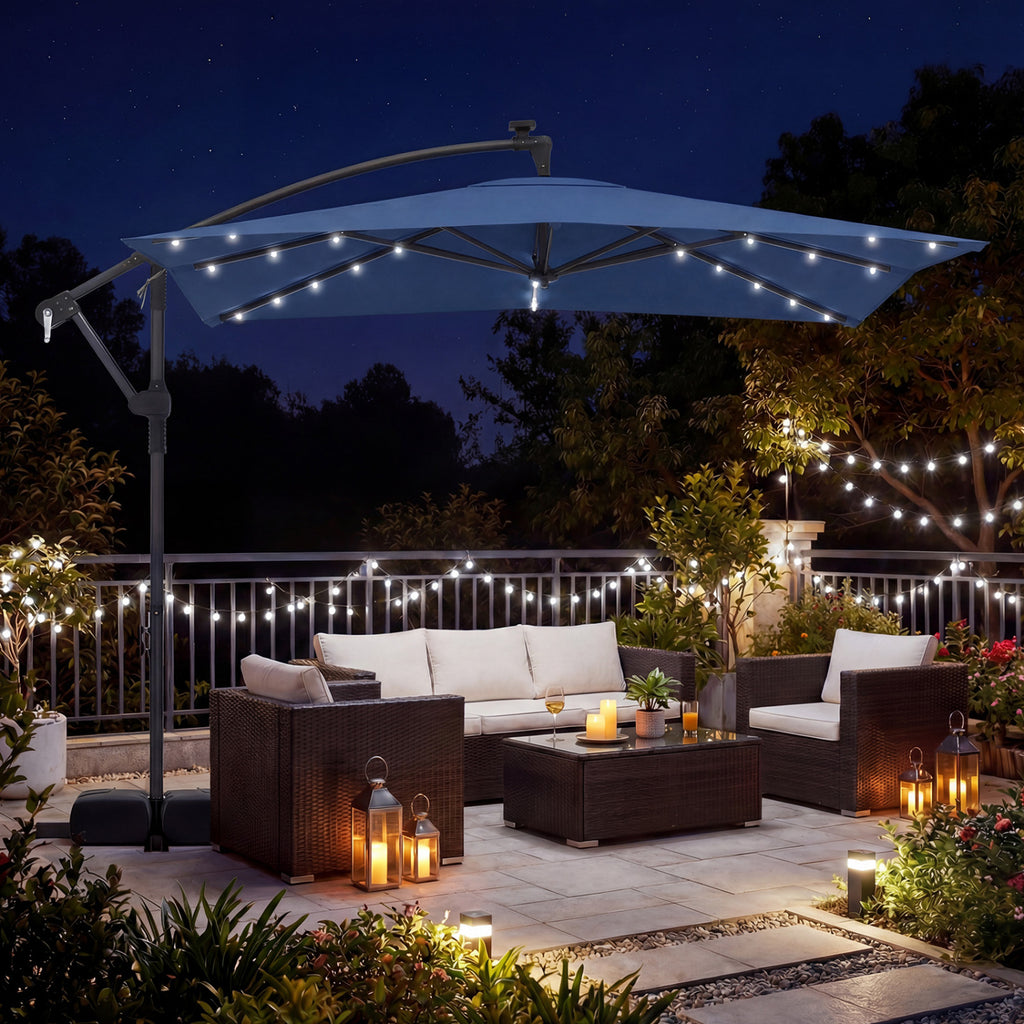 8 x 8 Square FT Solar LED Offset Cantilever Patio Umbrella with 360° Rotation-Navy