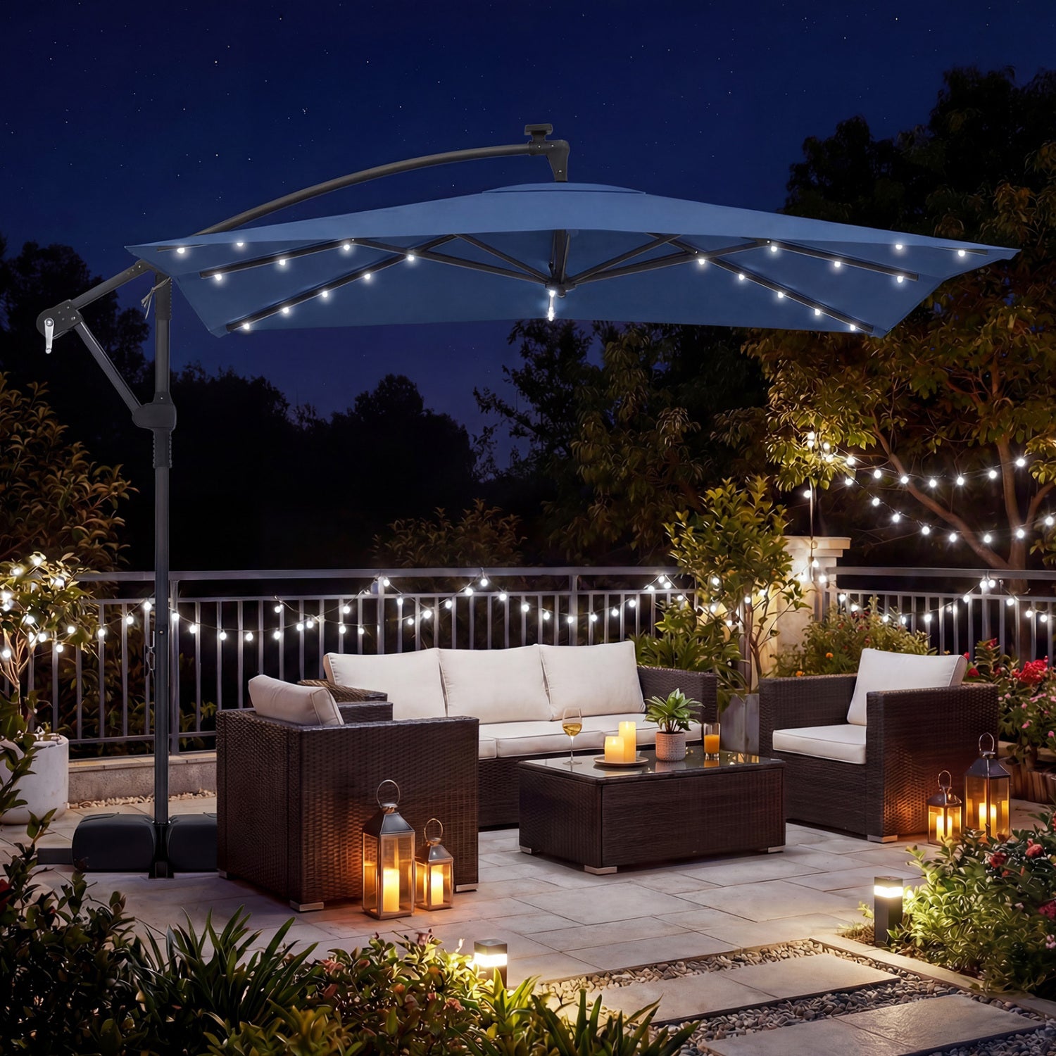8 x 8 Square FT Solar LED Offset Cantilever Patio Umbrella with 360° Rotation-Navy