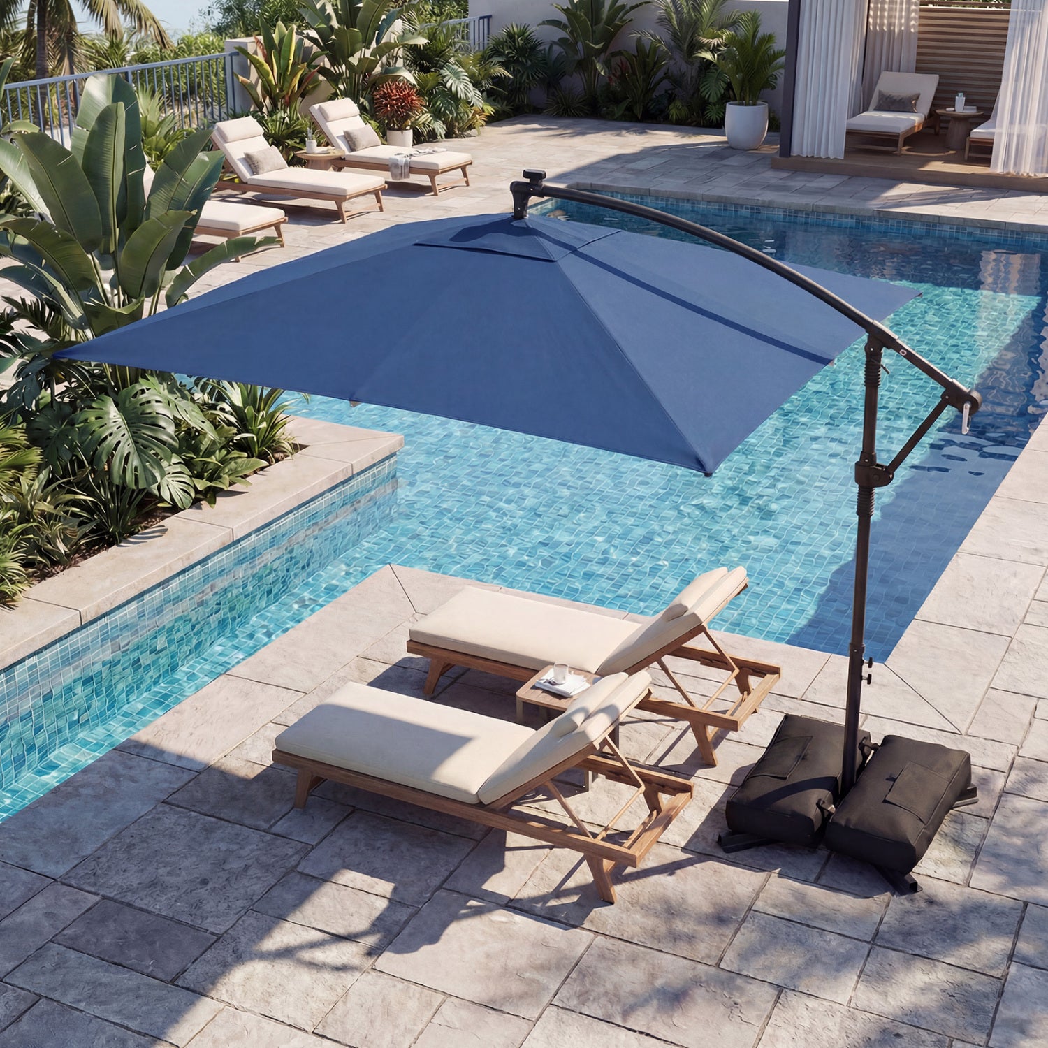 8 x 8 Square FT Solar LED Offset Cantilever Patio Umbrella with 360° Rotation-Navy