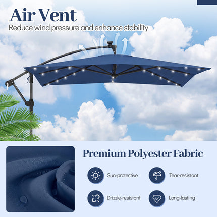 8 x 8 Square FT Solar LED Offset Cantilever Patio Umbrella with 360° Rotation-Navy