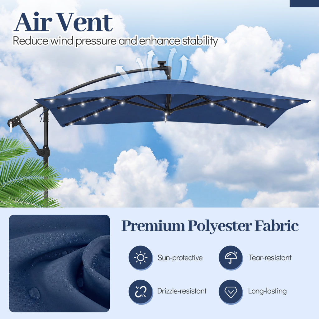 8 x 8 Square FT Solar LED Offset Cantilever Patio Umbrella with 360° Rotation-Navy