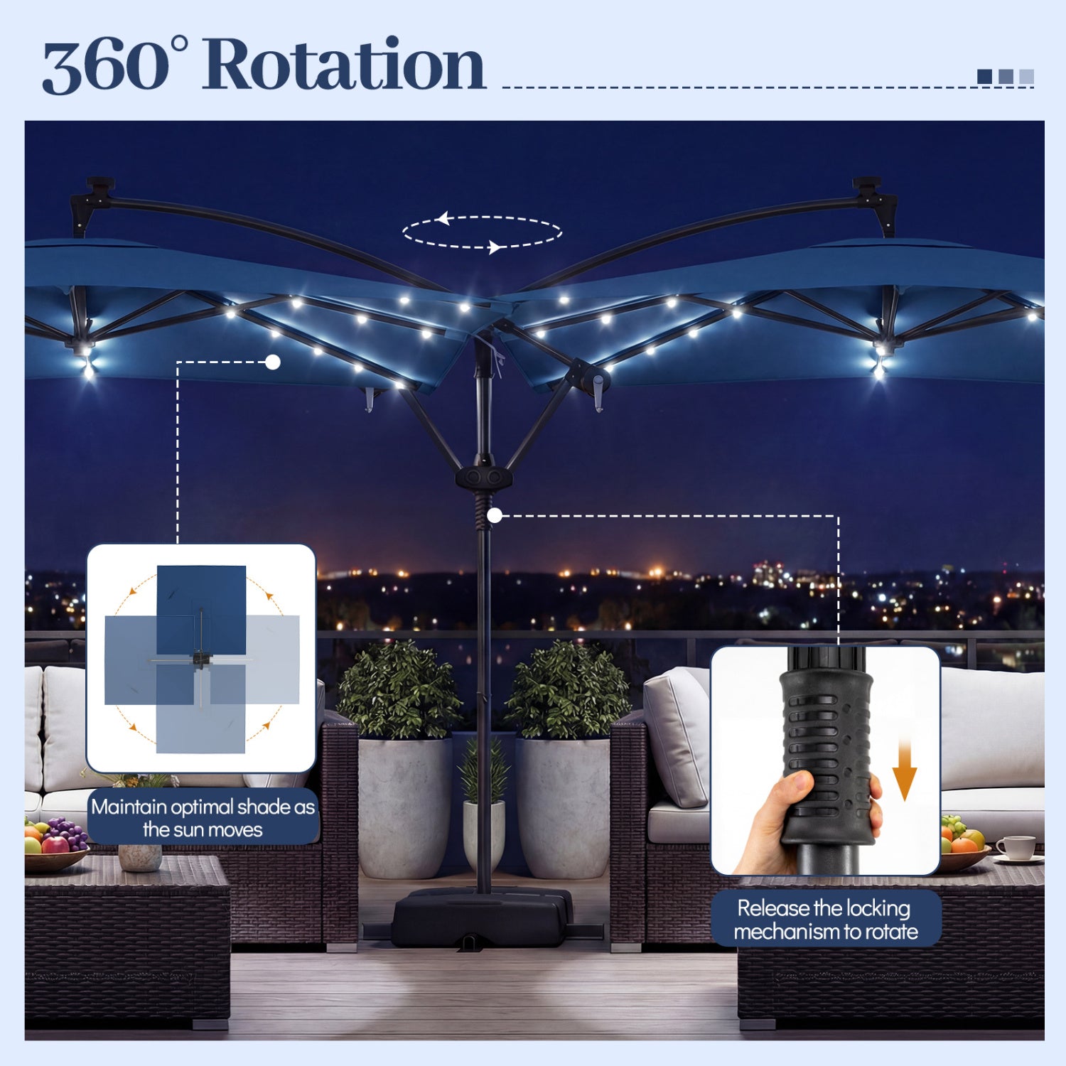 8 x 8 Square FT Solar LED Offset Cantilever Patio Umbrella with 360° Rotation-Navy