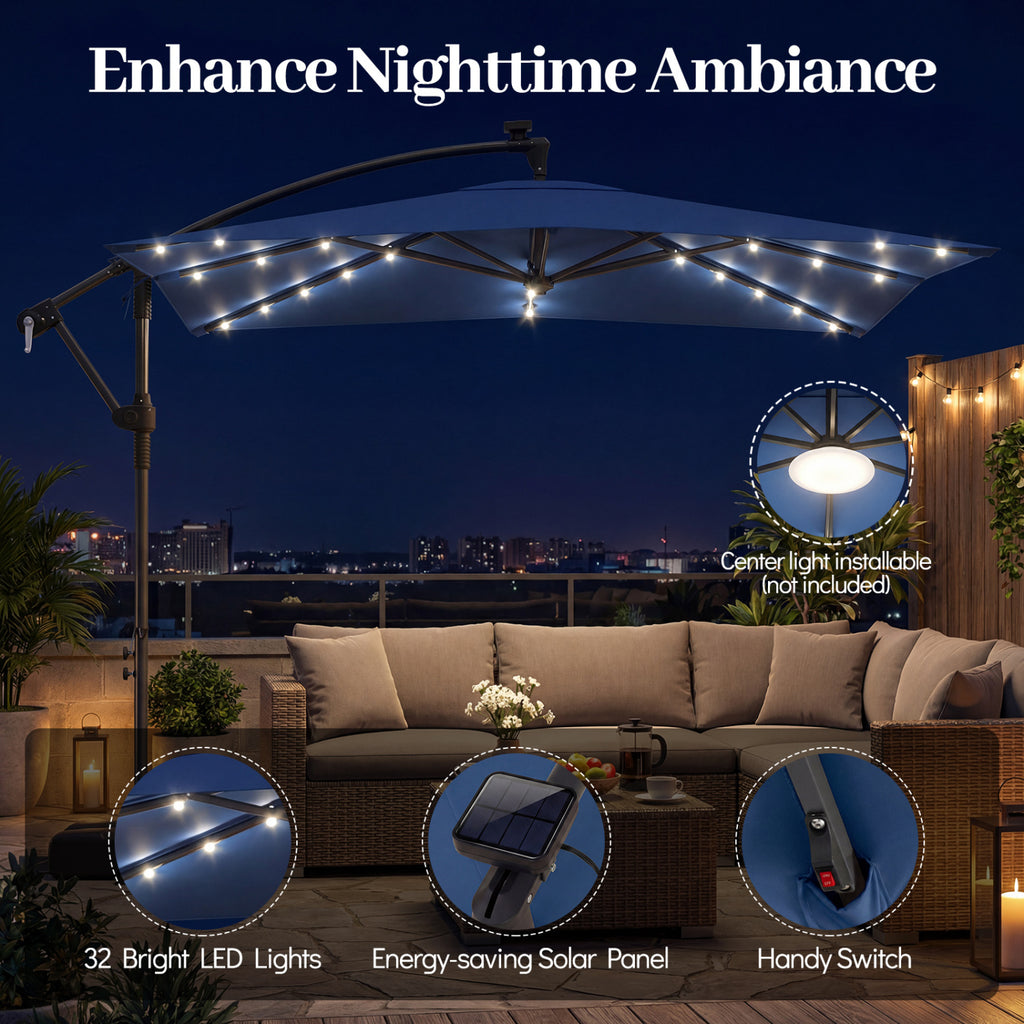 8 x 8 Square FT Solar LED Offset Cantilever Patio Umbrella with 360° Rotation-Navy