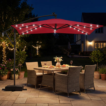 8 x 8 Square FT Solar LED Offset Cantilever Patio Umbrella with 360° Rotation-Red