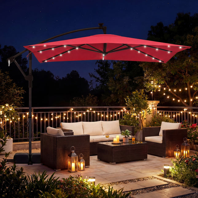 8 x 8 Square FT Solar LED Offset Cantilever Patio Umbrella with 360° Rotation-Red