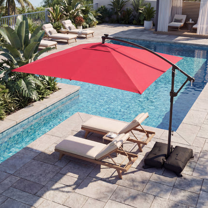 8 x 8 Square FT Solar LED Offset Cantilever Patio Umbrella with 360° Rotation-Red