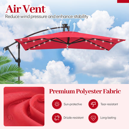 8 x 8 Square FT Solar LED Offset Cantilever Patio Umbrella with 360° Rotation-Red