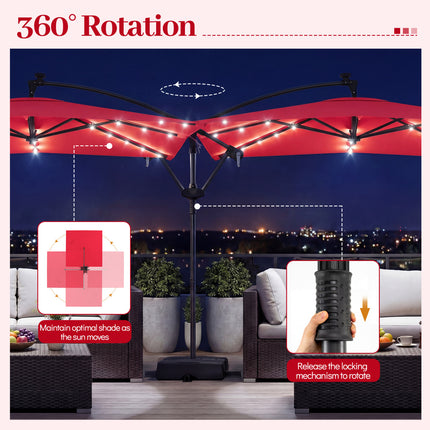 8 x 8 Square FT Solar LED Offset Cantilever Patio Umbrella with 360° Rotation-Red