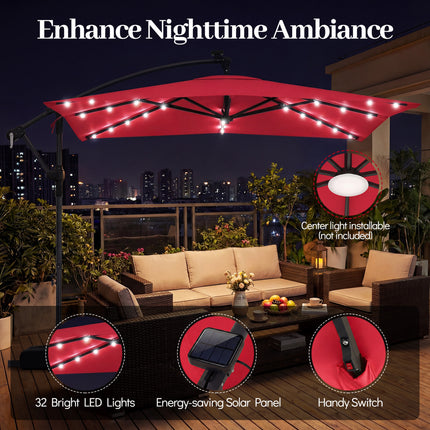 8 x 8 Square FT Solar LED Offset Cantilever Patio Umbrella with 360° Rotation-Red