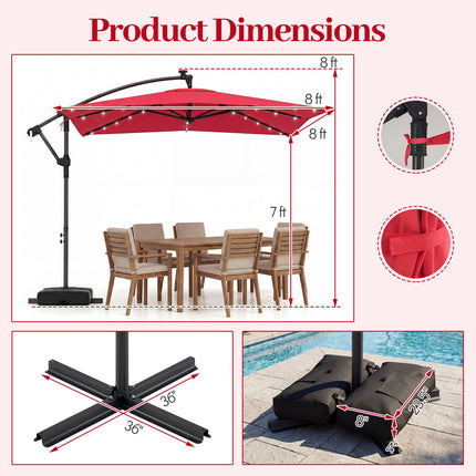 8 x 8 Square FT Solar LED Offset Cantilever Patio Umbrella with 360° Rotation-Red