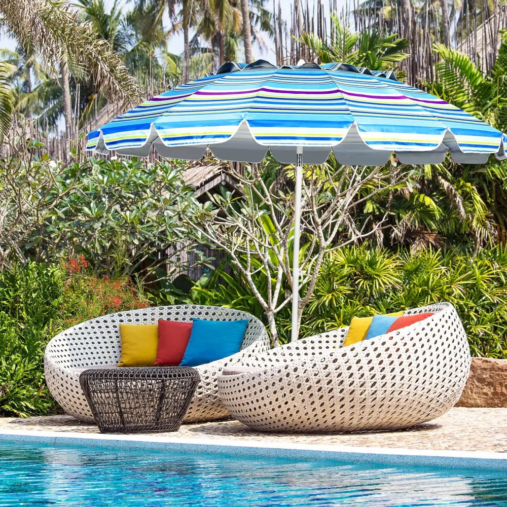 8FT Portable Beach Umbrella with Sand Anchor and Tilt Mechanism for Garden and Patio-Blue - Blue - Outdoor Umbrellas