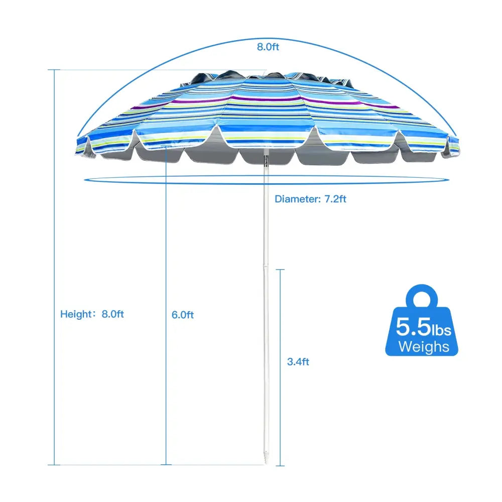 8FT Portable Beach Umbrella with Sand Anchor and Tilt Mechanism for Garden and Patio-Blue - Blue - Outdoor Umbrellas