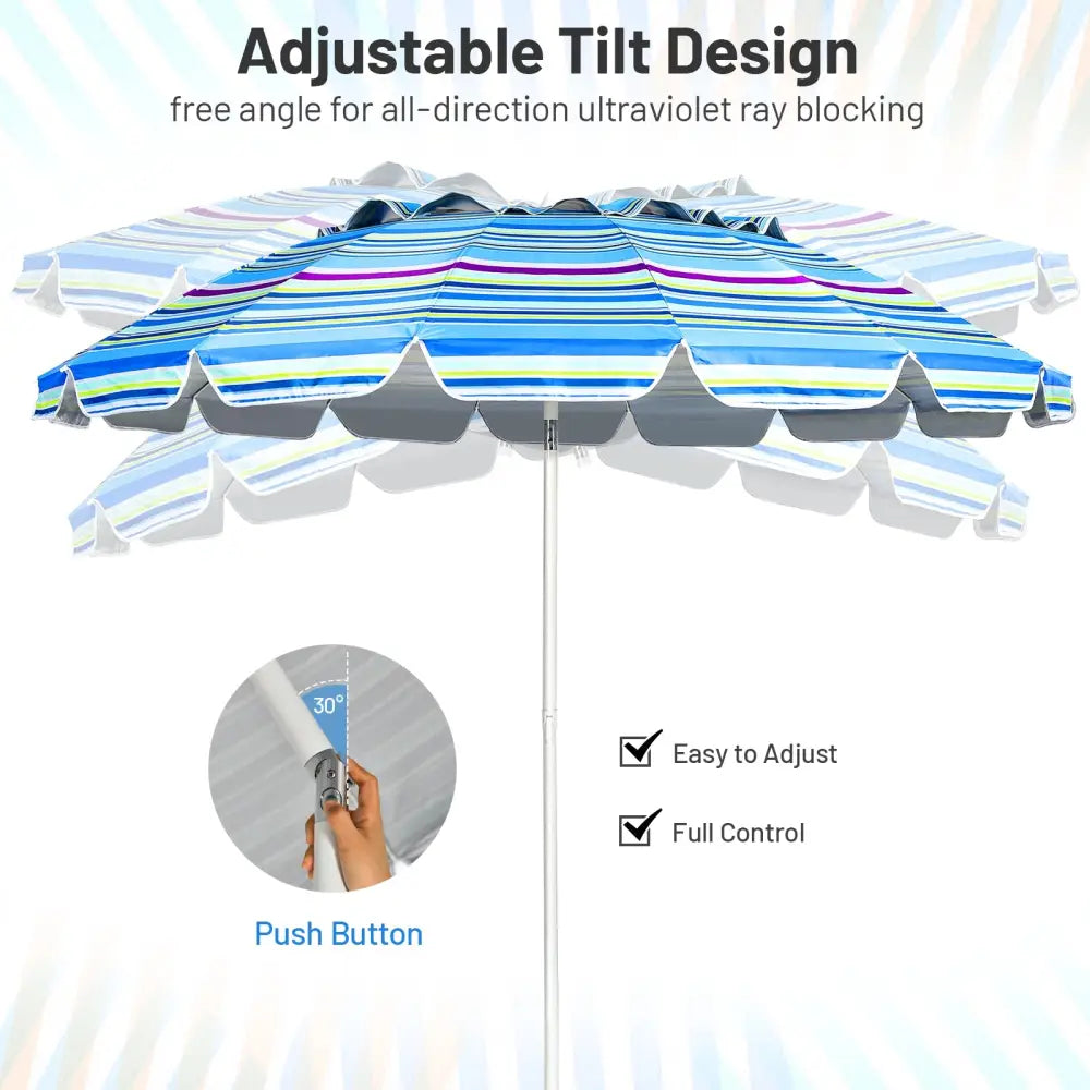 8FT Portable Beach Umbrella with Sand Anchor and Tilt Mechanism for Garden and Patio-Blue - Blue - Outdoor Umbrellas