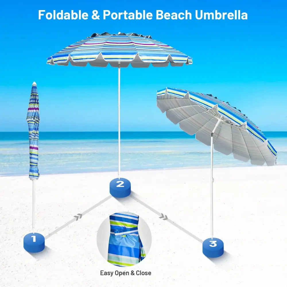 8FT Portable Beach Umbrella with Sand Anchor and Tilt Mechanism for Garden and Patio-Blue - Blue - Outdoor Umbrellas