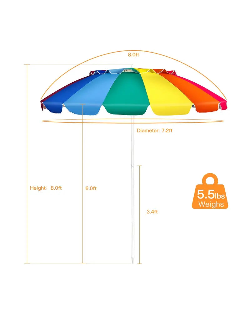 8FT Portable Beach Umbrella with Sand Anchor and Tilt Mechanism for Garden and Patio-Multicolor - Multicolor - Outdoor