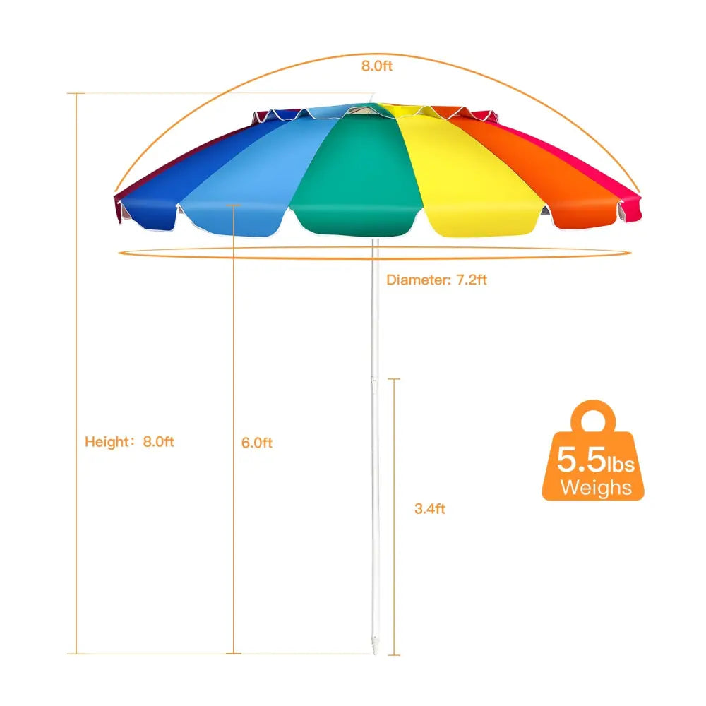 8FT Portable Beach Umbrella with Sand Anchor and Tilt Mechanism for Garden and Patio-Multicolor - Multicolor - Outdoor