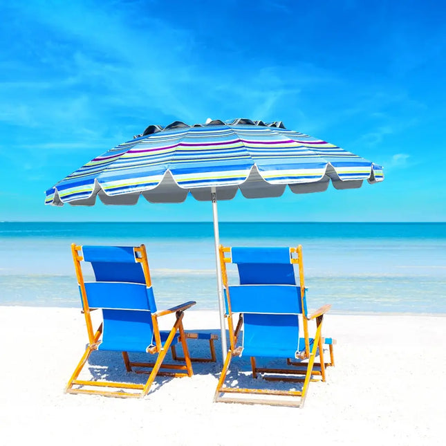 8FT Portable Beach Umbrella with Sand Anchor and Tilt Mechanism for Garden and Patio-Blue - Blue - Outdoor Umbrellas
