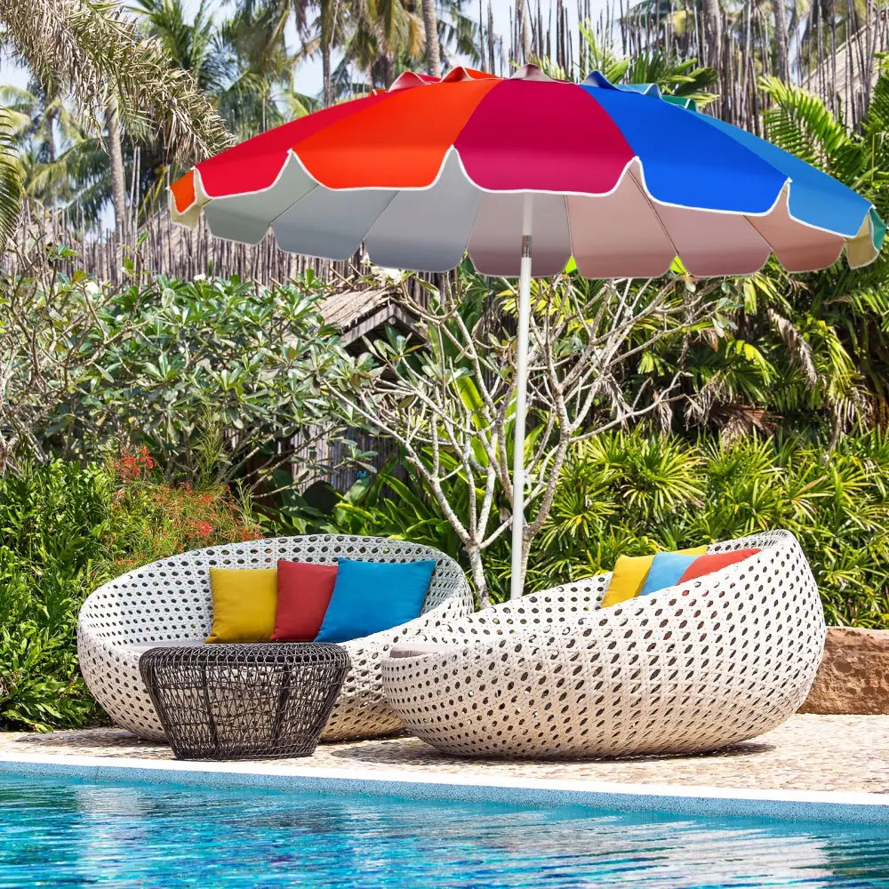 8FT Portable Beach Umbrella with Sand Anchor and Tilt Mechanism for Garden and Patio-Multicolor - Multicolor - Outdoor
