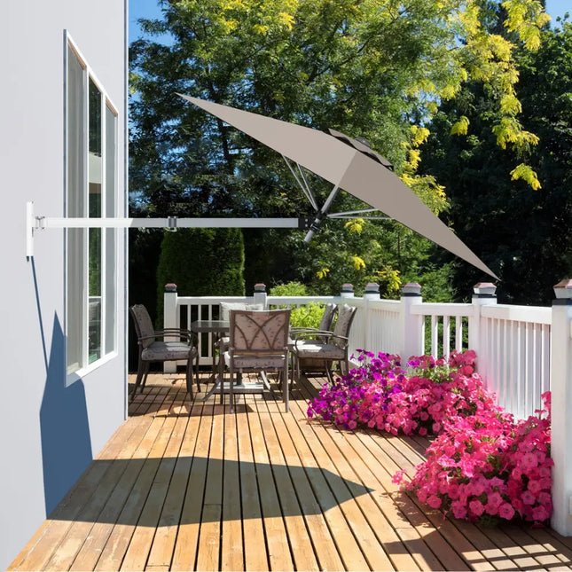 8ft Wall-Mounted Telescopic Folding Tilt Aluminum Sun Shade Umbrella-Tan - Tan - Outdoor Umbrellas