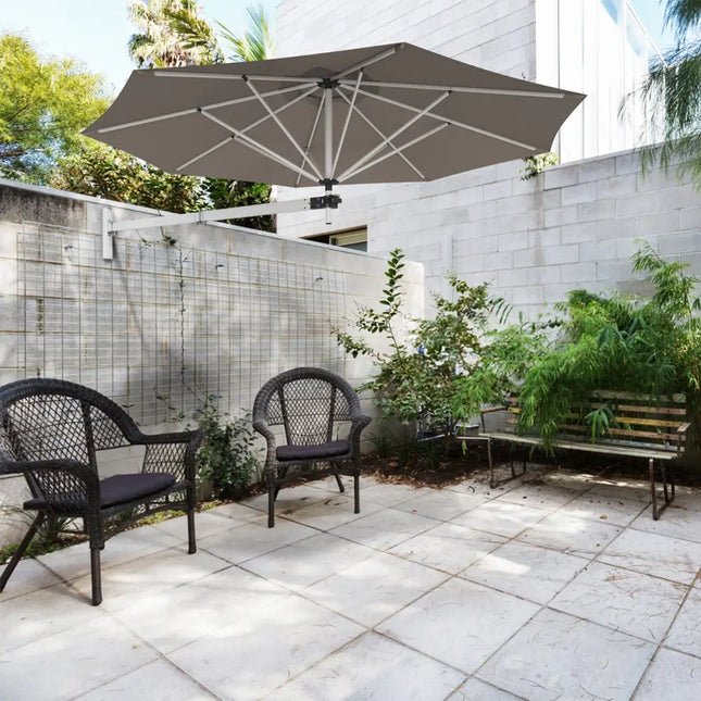 8ft Wall-Mounted Telescopic Folding Tilt Aluminum Sun Shade Umbrella-Tan - Tan - Outdoor Umbrellas