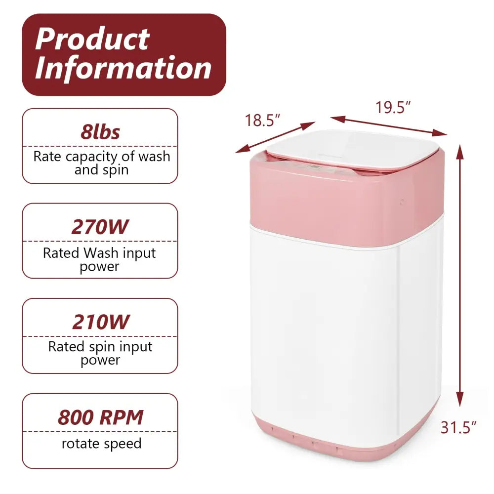 8lbs Portable Fully Automatic Washing Machine with Drain Pump-Pink - Pink - Washing Machines
