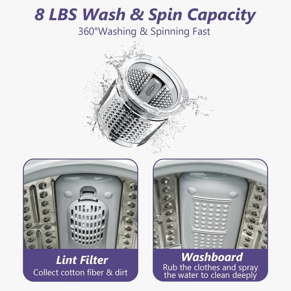 8lbs Portable Fully Automatic Washing Machine with Drain Pump-Purple - Purple - Washing Machines
