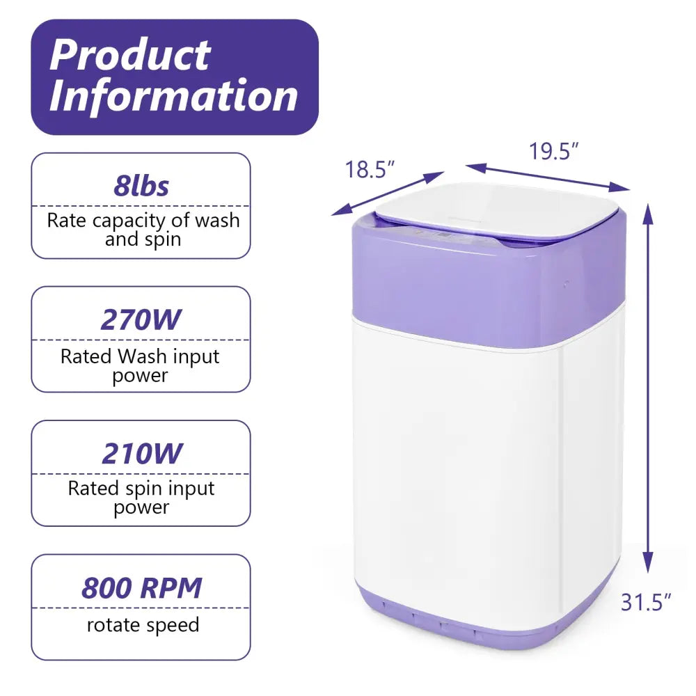 8lbs Portable Fully Automatic Washing Machine with Drain Pump-Purple - Purple - Washing Machines