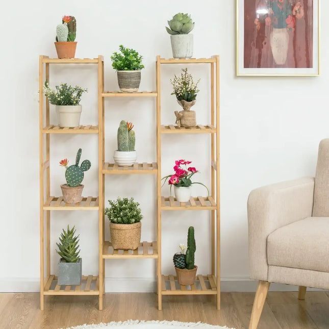 9/11-Tier Bamboo Plant Stand for Living Room Balcony Garden-11-Tier - Natural - Plant Stands