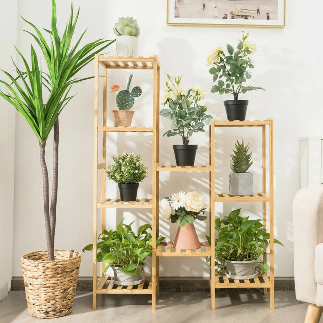 9/11-Tier Bamboo Plant Stand for Living Room Balcony Garden-9-Tier - Natural - Plant Stands
