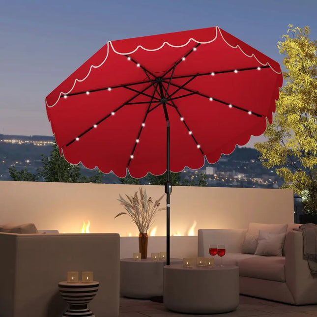 9.3 Feet Solar Patio Umbrella with 24 LED Lights Vented Top and Ruffles-Red - Red - Outdoor Umbrellas