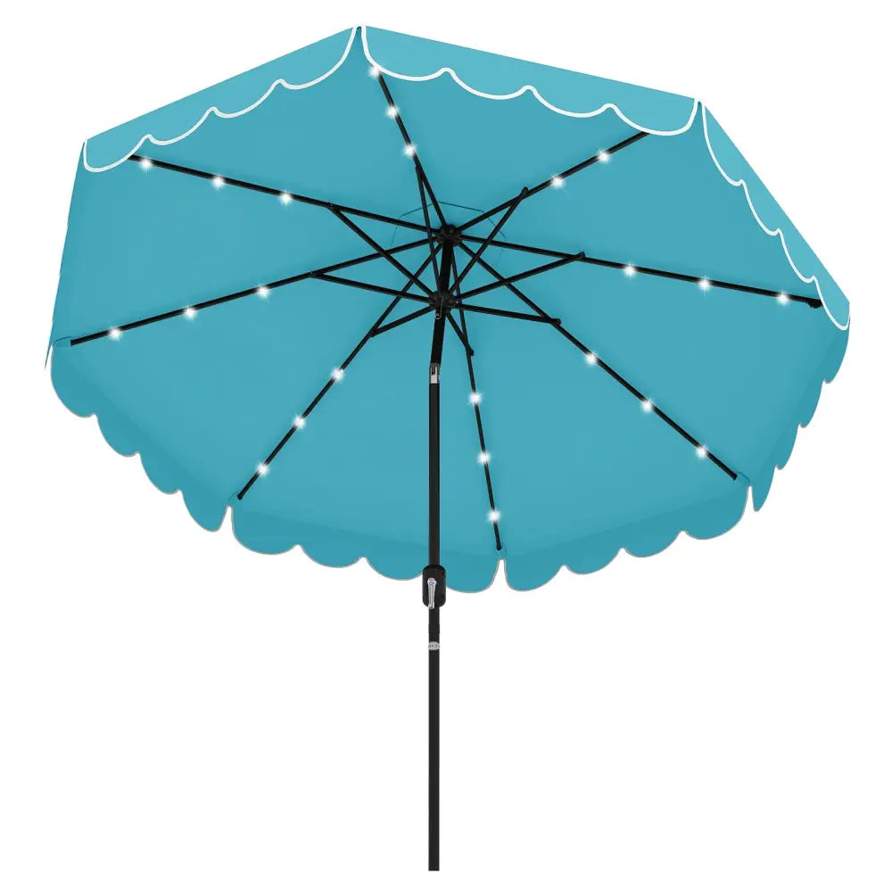 9.3 Feet Solar Patio Umbrella with 24 LED Lights Vented Top and Ruffles-Turquoise - Turquoise - Outdoor Umbrellas