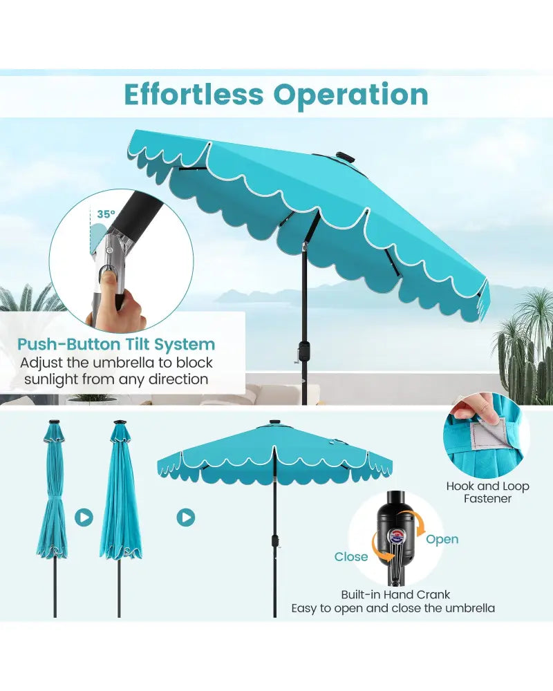 9.3 Feet Solar Patio Umbrella with 24 LED Lights Vented Top and Ruffles-Turquoise - Turquoise - Outdoor Umbrellas