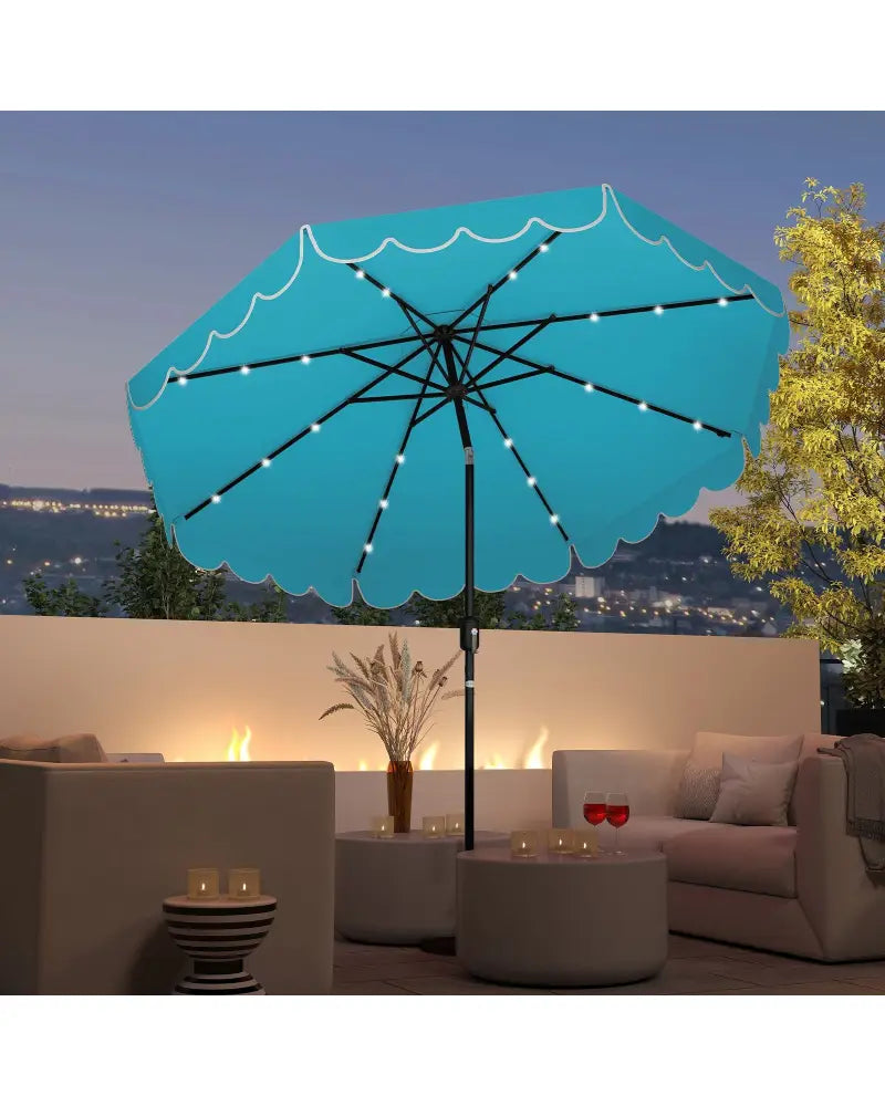 9.3 Feet Solar Patio Umbrella with 24 LED Lights Vented Top and Ruffles-Turquoise - Turquoise - Outdoor Umbrellas