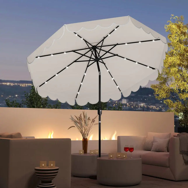 9.3 Feet Solar Patio Umbrella with 24 LED Lights Vented Top and Ruffles-Beige - Beige - Outdoor Umbrellas