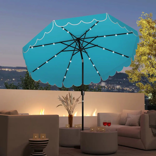 9.3 Feet Solar Patio Umbrella with 24 LED Lights Vented Top and Ruffles-Turquoise - Turquoise - Outdoor Umbrellas