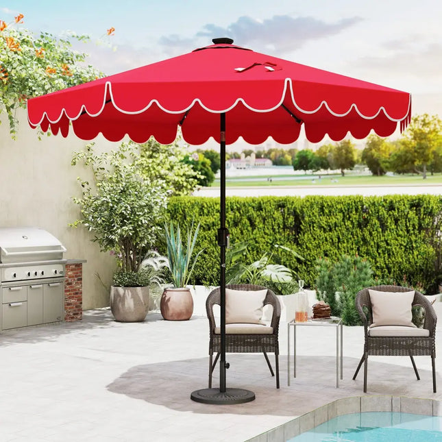 9.3 Feet Solar Patio Umbrella with 24 LED Lights Vented Top and Ruffles-Red - Red - Outdoor Umbrellas