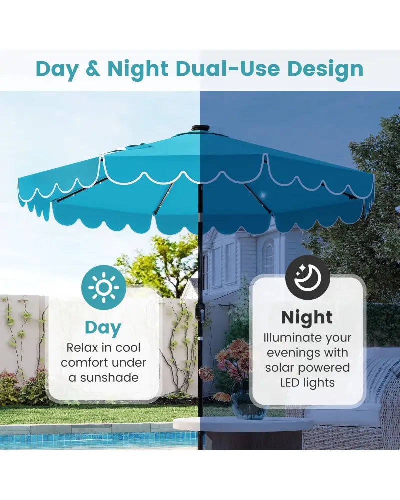 9.3 Feet Solar Patio Umbrella with 24 LED Lights Vented Top and Ruffles-Turquoise - Turquoise - Outdoor Umbrellas