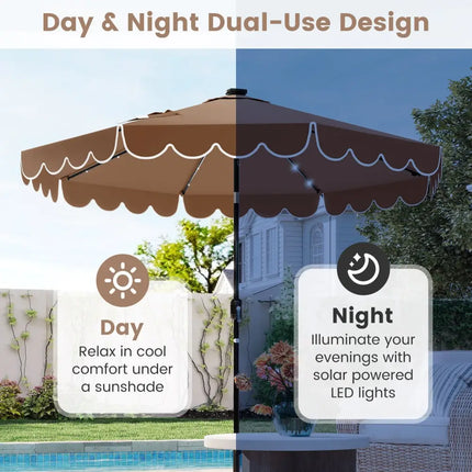 9.3 Feet Solar Patio Umbrella with 24 LED Lights Vented Top and Ruffles-Coffee - Coffee - Outdoor Umbrellas